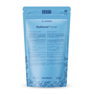 Dr. Wunder Hydrocol Pulver 360g Großpackung Rückseite mit Verzehrempfehlung und Inhaltsstoffen
