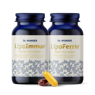 Dr. Wunder Liposomales Duo Set mit LipoImmun und LipoFerrin Glasflaschen, gelbe und rote Kapseln davor
